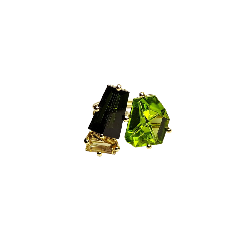 KLAR OOAK ring in 18k yellow gold, peridot, tourmaline and golden beryl