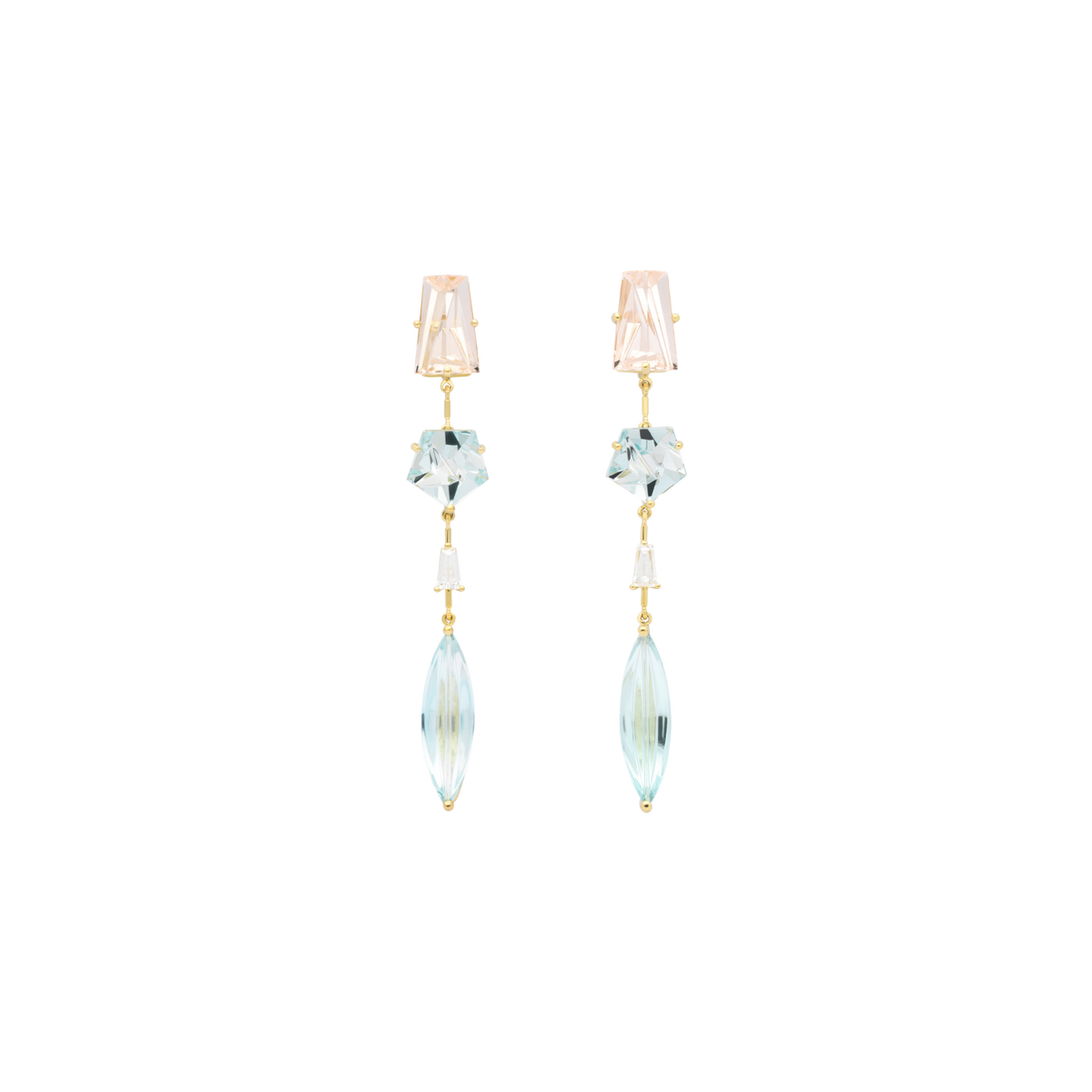 KLAR OOAK earrings in 18k yellow gold, morganite, aquamarine and diamonds