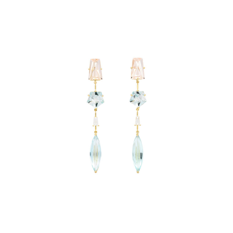 KLAR OOAK earrings in 18k yellow gold, morganite, aquamarine and diamonds