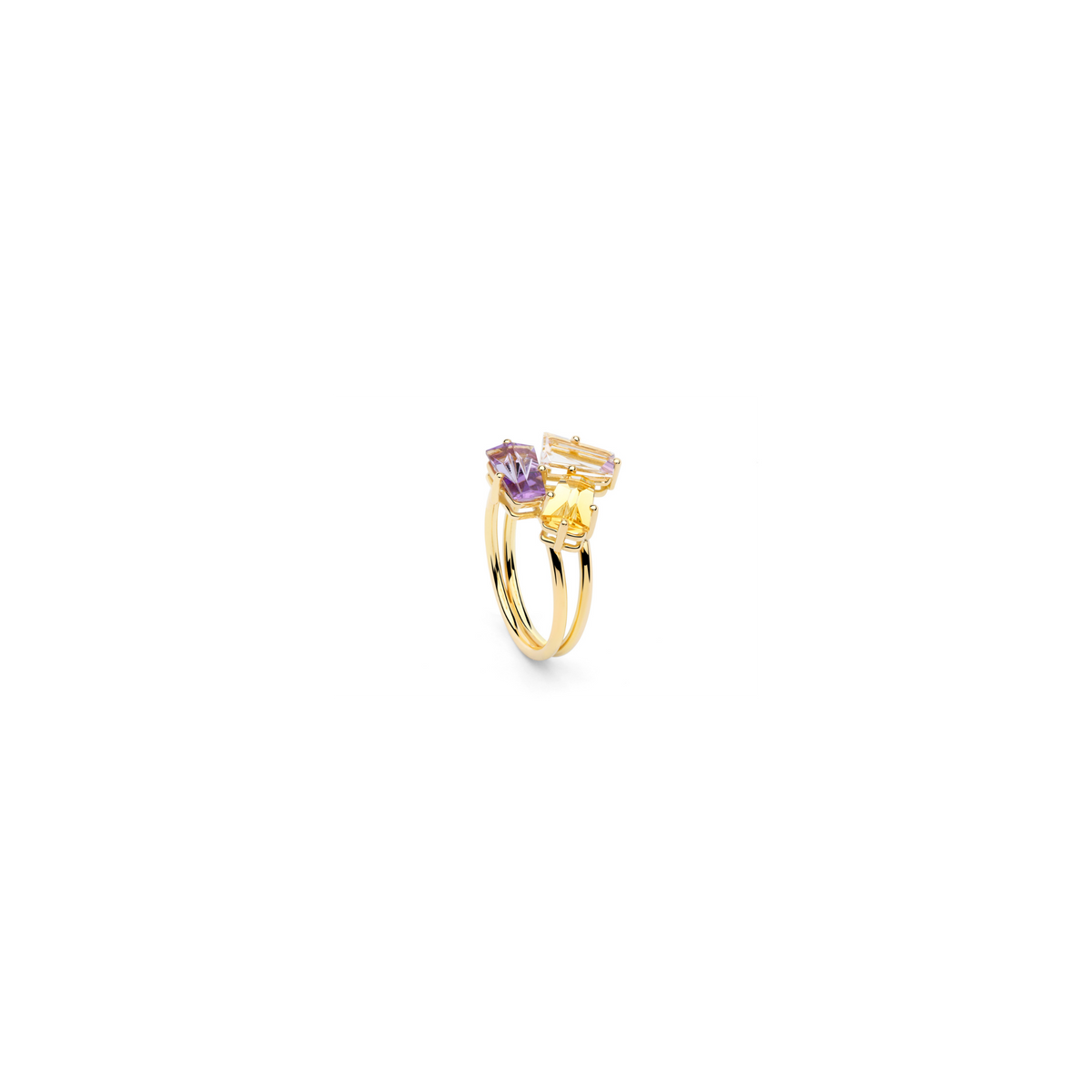 KLAR ring in 18k yellow gold, morganite, golden beryl and amethyst