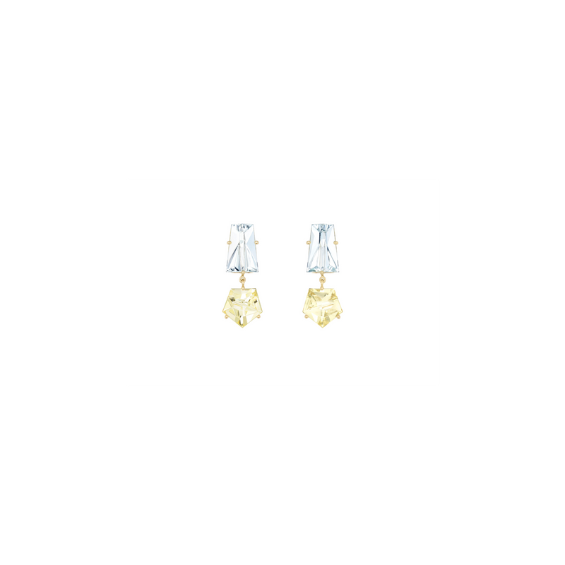 KLAR drop earrings in 18k yellow gold, aquamarines and golden beryls