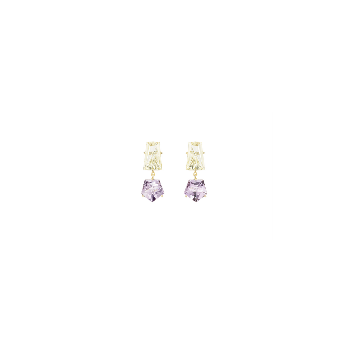 KLAR drop earrings in 18k yellow gold, golden beryls and amethysts