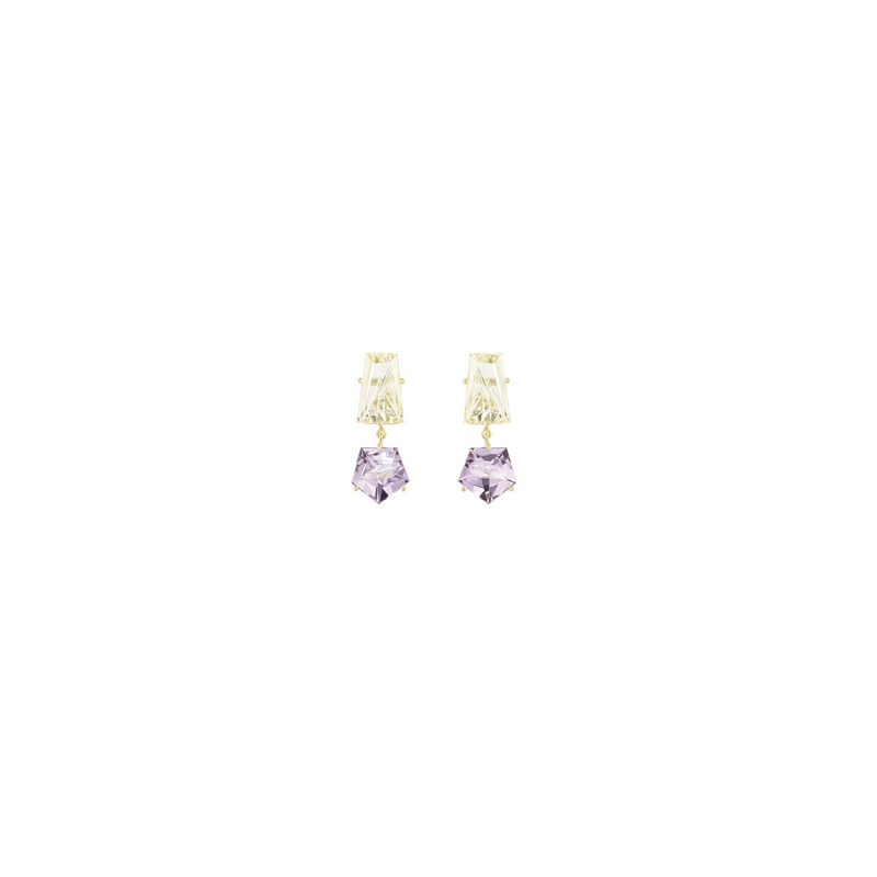 KLAR drop earrings in 18k yellow gold, golden beryls and amethysts