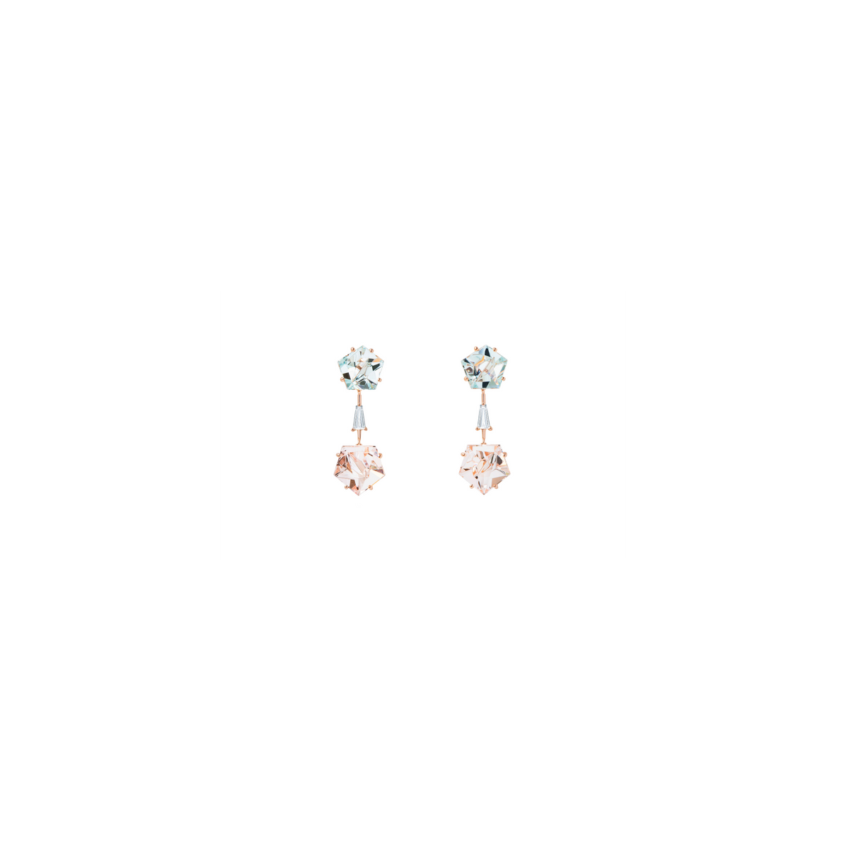 KLAR drop earrings in 18k rose gold, aquamarines, diamonds and morganites