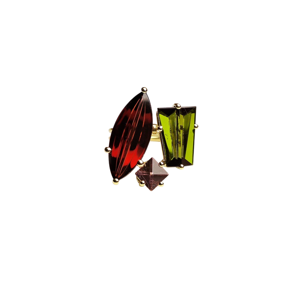 KLAR OOAK ring in 18k yellow gold, garnet and tourmalines