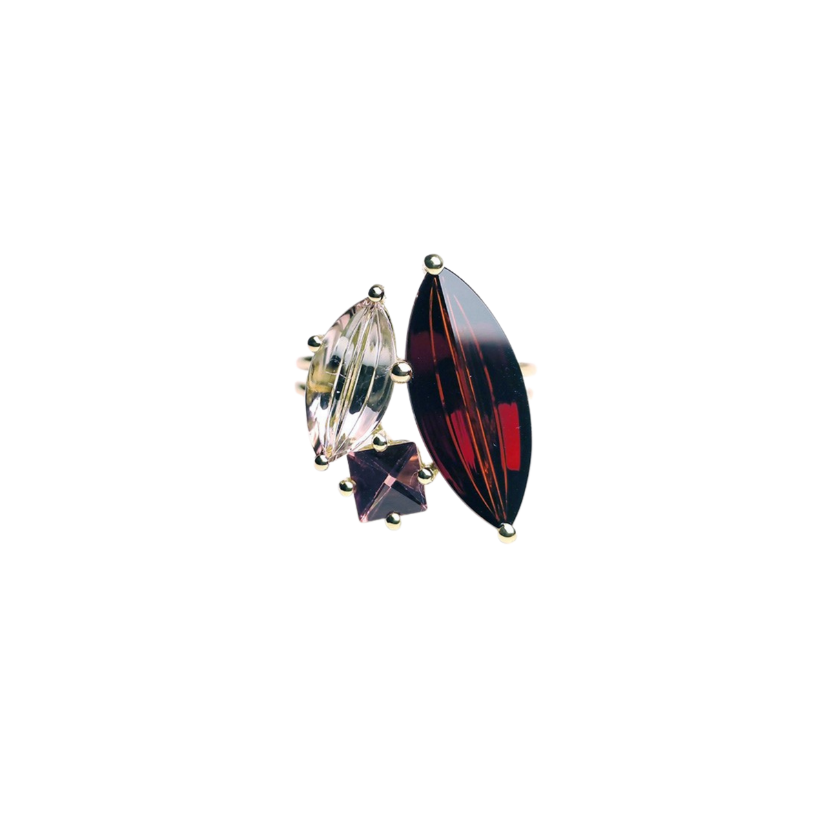 KLAR OOAK ring in 18k yellow gold, garnet and tourmalines