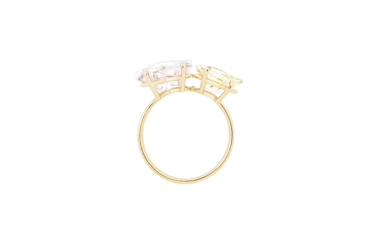 KLAR ring in 18k yellow gold, golden beryl and morganite