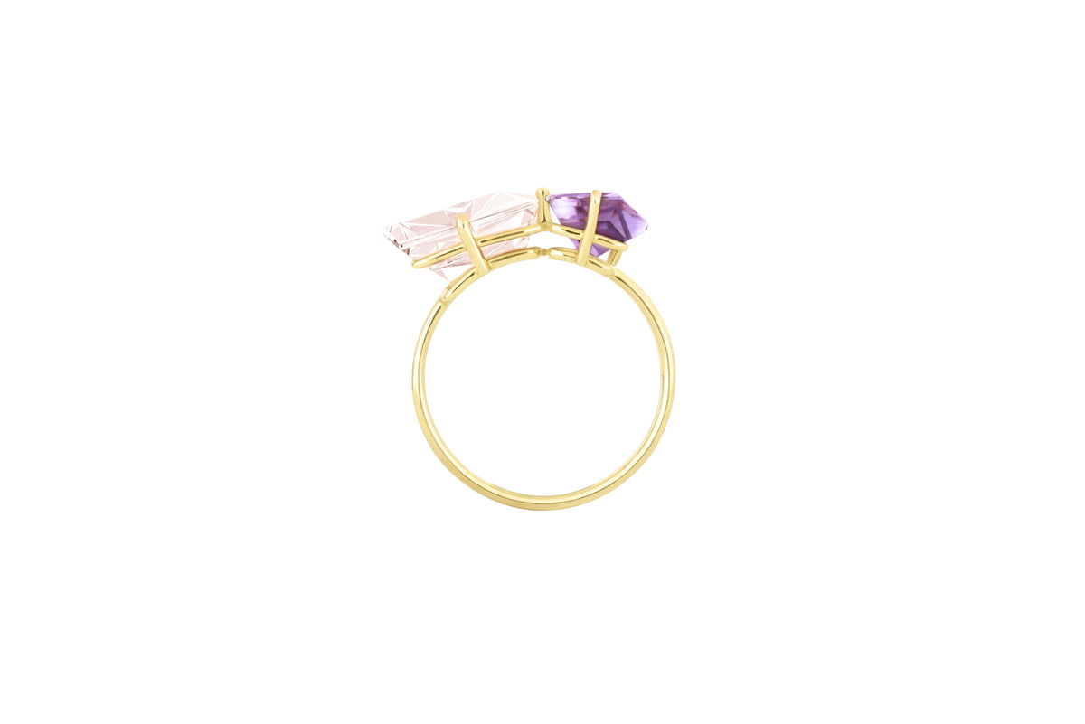 KLAR ring in 18k yellow gold, morganite, amethyst